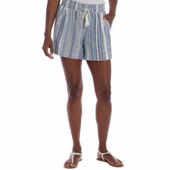 Briggs Linen Blend Short WMNS M Blue White Striped Pull On Elastic Waist Pocket - Picture 2 of 8
